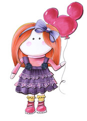 hand drawing character child doll girl in purple dress and red hair with red ball