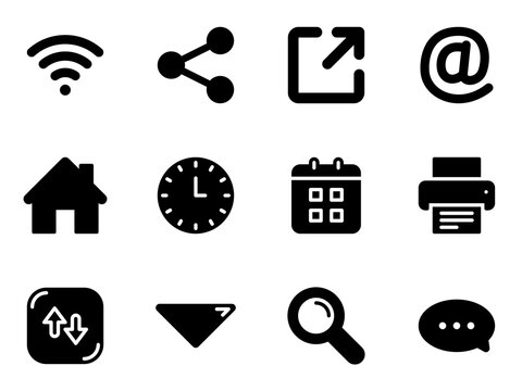 Set of black vector icons, isolated against white background. Flat illustration on a theme web icons for computer, phone, tablet laptop and business. Fill, glyph