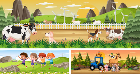 Set of different outdoor landscape scenes with cartoon character