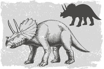 Dinosaur triceratops grafic hand drawn and silhouette illustration