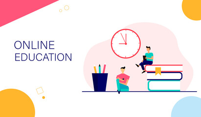 Distance learning concept. Small people characters with phones around big books. illustration.