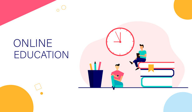 Distance learning concept. Small people characters with phones around big books. illustration.