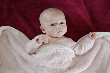 Joli petit bébé de trois mois sous une couverture rose
