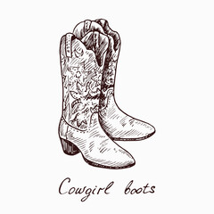 Cowgirl boots, woodcutstyle ink drawing illustration with inscription