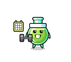 lab beakers mascot cartoon doing fitness with dumbbell