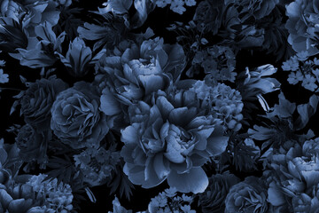 Black and white Vintage seamless pattern. Blooming garden flowers peonies, roses and tulips.