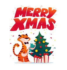 Vector flat cartoon illustration of new year and merry Christmas text congratulation, mascot tiger funny character, decorated xmas fir tree, presents isolated. For banners, web, packaging, ads, cards.