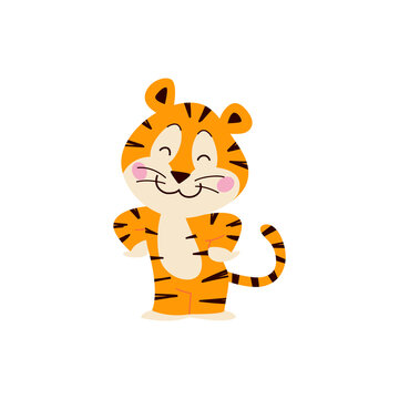 Cute little tiger character stand smiling isolated on white background. Vector flat hand drawn style. For children decor, nursery design, banner, emblem, pattern, mascot etc.