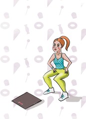 A young girl is making squat as she is sure she is fat. There is scales ing front of her.