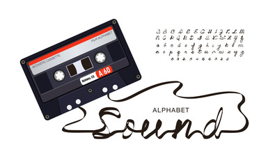 Font alphabets made from audio cassette tape. Plastic retro cassette with magnetic tape forming letters and numbers. Flat one line font - obrazy, fototapety, plakaty