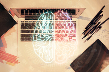 Multi exposure of brain sketch hologram over topview work table background with computer. Concept of big data.