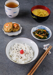 Homemade Japanese set-meal / Teishoku with Umeboshi. Korokke, Cucumber Salad & Corn Potage / Delicious and healthy light meal, ideal for people on diet or weight watcher