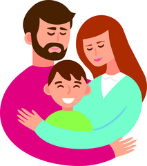 Happy parents and child in loving family. Cute cartoon characters vector illustration.
 Mom and dad hugging their son. 
