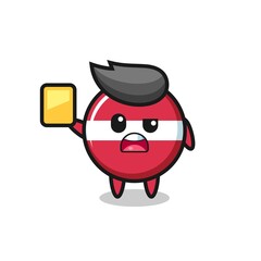 cartoon latvia flag badge character as a football referee giving a yellow card
