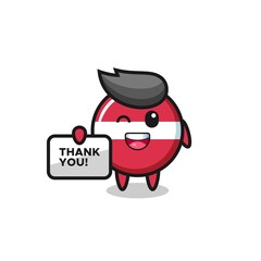 the mascot of the latvia flag badge holding a banner that says thank you