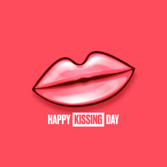 Happy kissing day greeting card or banner with cartoon glossy red lips isolated on pink background. Kiss day concept illustration with sexy smiling woman mouth icon