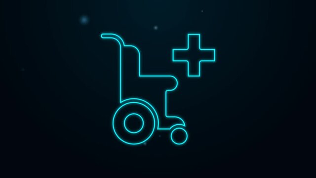 Glowing neon line Wheelchair for disabled person icon isolated on black background. 4K Video motion graphic animation