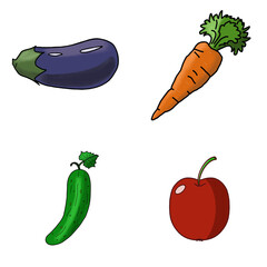 A set of illustrations depicting a separate apple, eggplant, cucumber and carrot on a white background. Suitable for background, menu, invitation, brochure, flyer, presentation, checklist, postcard