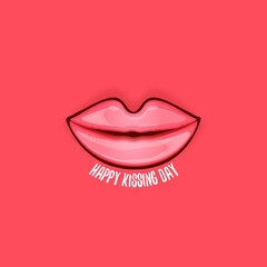 Happy kissing day greeting card or banner with cartoon glossy red lips isolated on pink background. Kiss day concept illustration with sexy smiling woman mouth icon