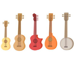 Set of string instruments.Ukulele, guitar, bass, mandolin and banjo.Different type of musical instruments.Sign, symbol, icon or logo isolated.Flat design.Cartoon vector illustration.