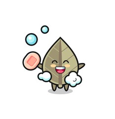 dried leaf character is bathing while holding soap