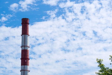 No smoke from industrial pipes close up. against the blue sky. space for text