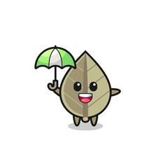 cute dried leaf illustration holding an umbrella