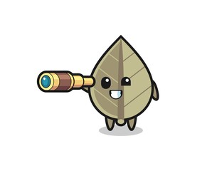 cute dried leaf character is holding an old telescope