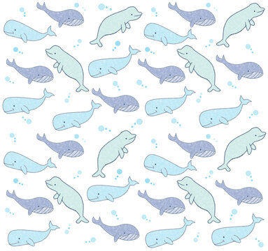 Random seamless marine pattern with whale. Illustration of cute whale cartoon.