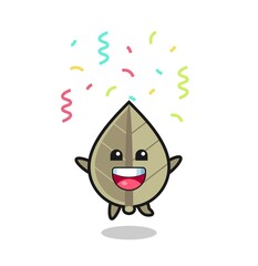 happy dried leaf mascot jumping for congratulation with colour confetti