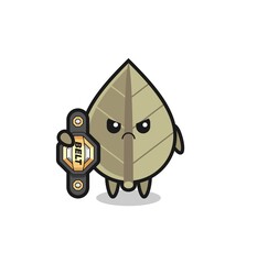 dried leaf mascot character as a MMA fighter with the champion belt