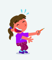 cartoon character of little girl on jeans laughs while pointing to the side with a pencil.