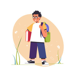 Schoolchildren or student with backpack saying hi or bye to school. Teen standing with books. Back to school, childhood, education, study, success. Colored flat vector illustration isolated on a white