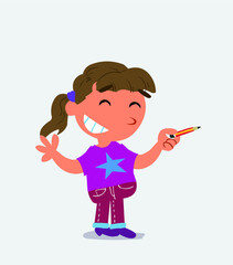  cartoon character of little girl on jeans says something funny while pointing to the side with a pencil.