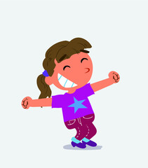 Euphoric little girl on jeans in funny cartoon character.Euphoric little girl on jeans in funny cartoon character.