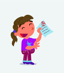  happy cartoon character of little girl on jeans explaining something with exam in hand happy cartoon character of little girl on jeans explaining something with exam in hand