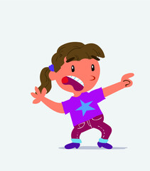 Scared cartoon character of little girl on jeans points to the side.Scared cartoon character of little girl on jeans points to the side.