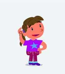 Thoughtful cartoon character of little girl on jeans scratching his headThoughtful cartoon character of little girl on jeans scratching his head