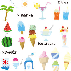 A set of colorful illustrations of cold summer desserts and drinks.