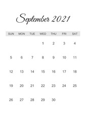 Calendar September 2021, Paper calendar on white paper