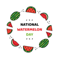 National Watermelon Day vector cartoon style greeting card, round frame illustration with doodle watermelon slices and seeds. August 3.
