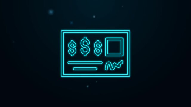 Glowing neon line Blank template of the bank check and pen icon isolated on black background. Checkbook cheque page with empty fields to fill. 4K Video motion graphic animation