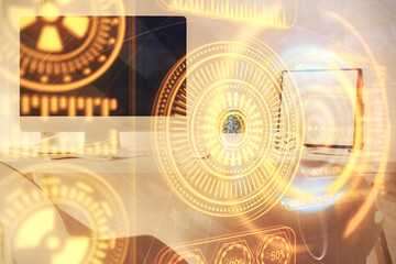 Double exposure of tech theme drawings and office interior background. Technology concept.