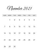 Calendar November 2021, Paper calendar on white paper