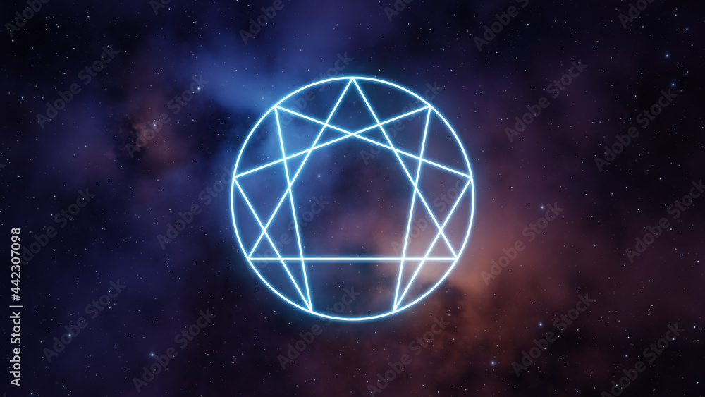 Poster enneagram symbol in blue color on a background of the universe with nebulae