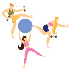 Three cheerful sportswomen go in for sports. Flat vector illustration isolated on white background