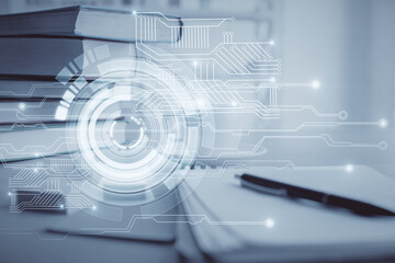 Double exposure of technology theme drawing and desktop with coffee and items on table background. Concept of data research.