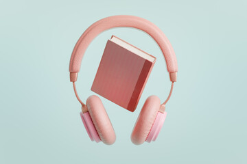 Pink headphones with an old pink book on turquoise background, 3D rendering
