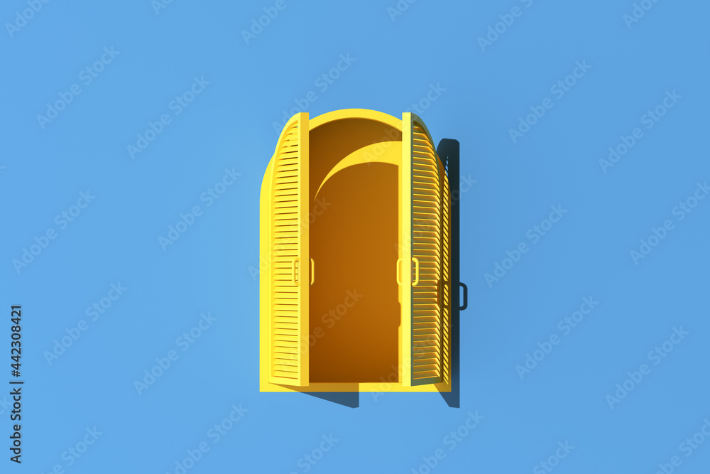 Aufkleber minimal scene of yellow arch window on blue wall background. 3d rendering.
