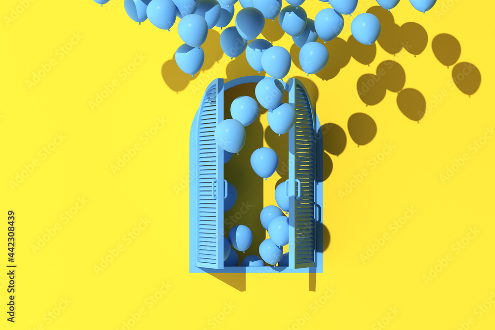 Poster Minimal scene of arch window and floating balloons on yellow wall background. 3d rendering.